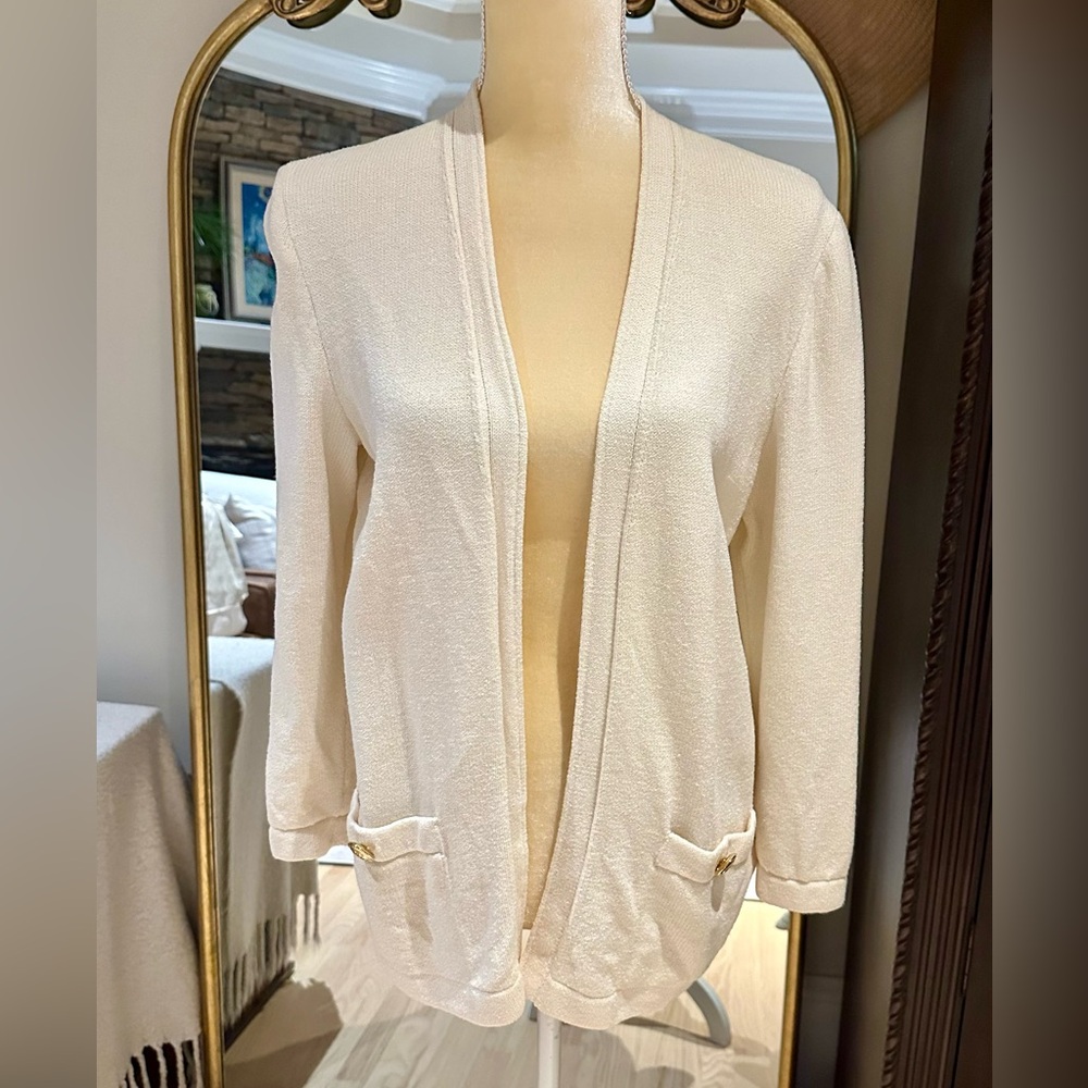 St. John Cream Open-Front Knit Cardigan with Pocket Details
